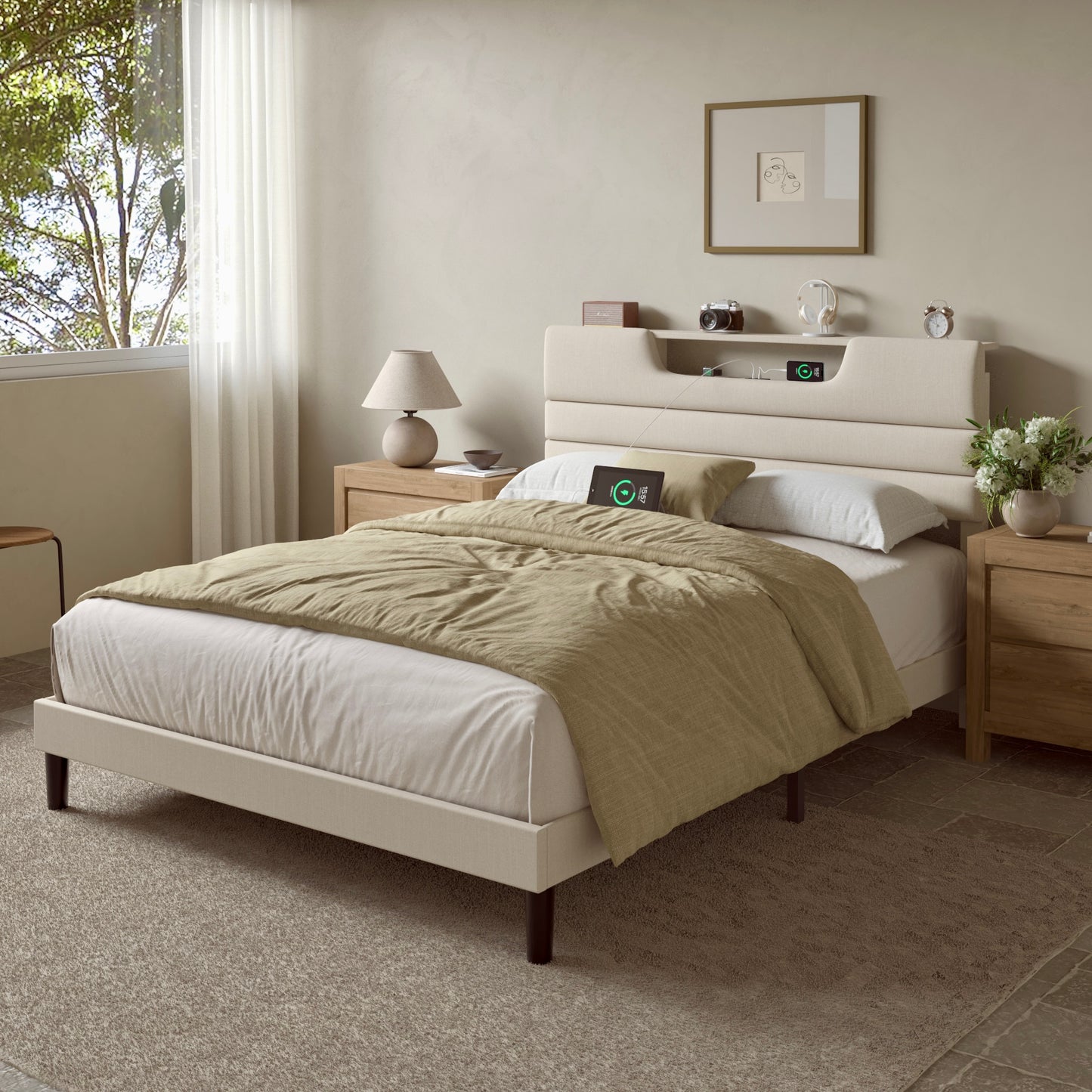 Queen Bed Frame with Adjustable Headboard, Upholstered Platform Bed with Charging Station and Led Lights, Sturdy Wooden Slats, No Box Spring Needed, 2-Tier Storage, Easy Assembly, Beige