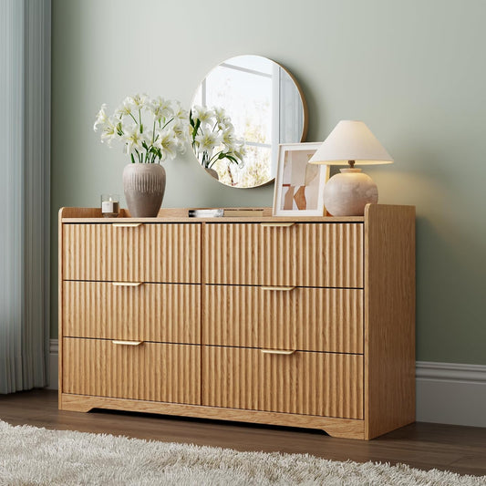 OURPIC 6 Drawers Dresser for Bedroom, Modern Fluted Chest of Drawers with TV Stand Function, 47" Wide Natural Oak Wooden Organizer for Small Spaces, Sturdy Base