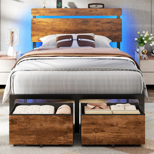 Twin Bed Frames with 2 Storage Drawers, Wood Headboard with LED Lights & Charging Station, Metal Platform Bed Frame, No Box Spring Needed, Noise Free, Vintage Brown