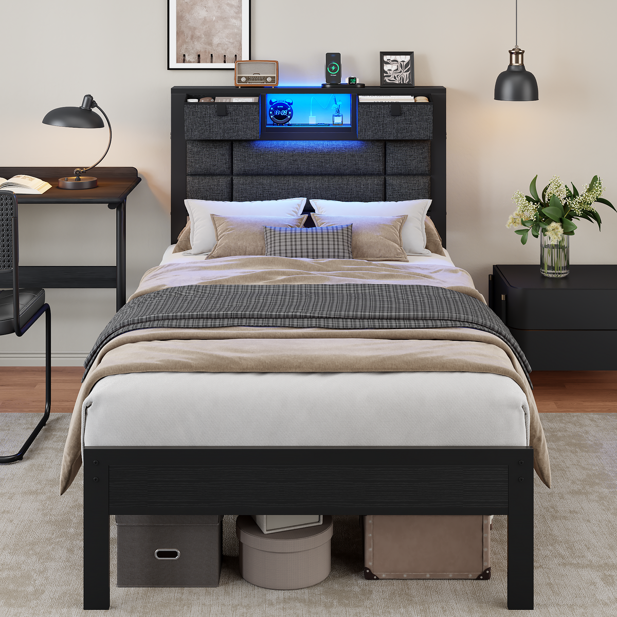 Twin Bed Frame with Storage Headboard, Black Platform Bedframe