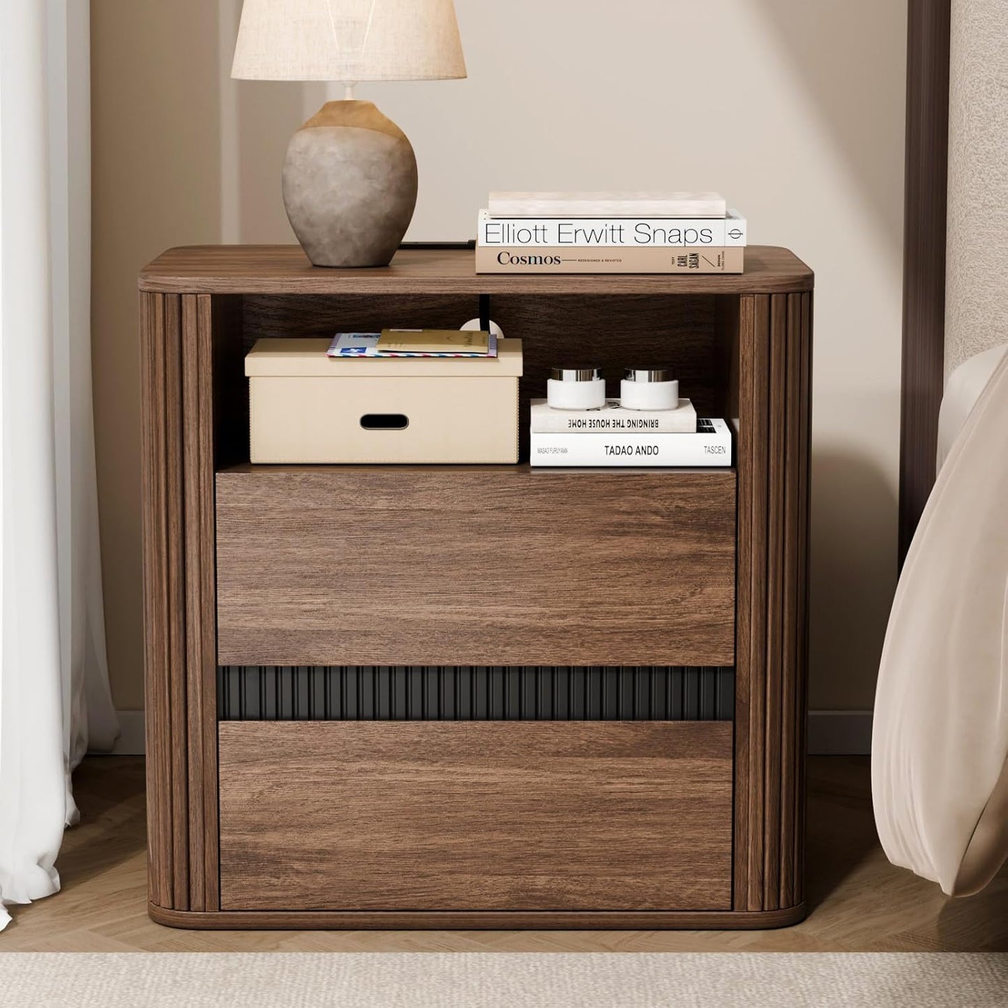 OURPIC Night Stand with Charging Station, Wood Bedside Table with 2 Drawers and Open Shelf, Walnut Nightstand and Rounded Tabletop for Bedroom,Entryway