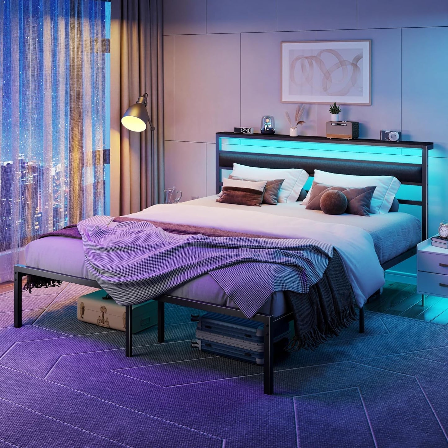 Queen Bed Frame with Led Lights and Charging Station, Bed Queen Size Frame with Headboard and Under Bed Storage, Black Metal Platform Bedframe and Storage Shelf, Easy Install