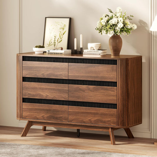 OURPIC 6 Drawer Dresser for Bedroom,Mid-Century Walnut Chest of Drawers 47 inch Long,Wooden Bedroom Dressers TV Stand, Curved Edge Design for Living Room, Hallway