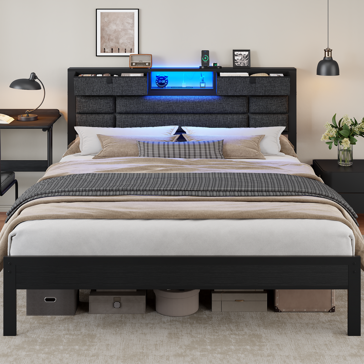 Queen Bed Frame with Storage Headboard, Black Platform Bedframe