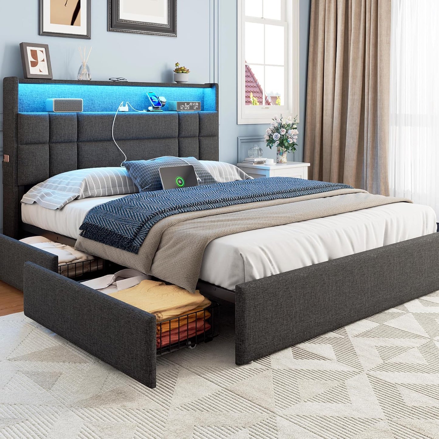 Queen Bed Frame with 4 Storage Drawers & Headboard, Upholstered Platform Bed Frame Queen Size with Charging Station & LED Lights, No Box Spring Needed, Metal Slats Support, Noise Free, Grey