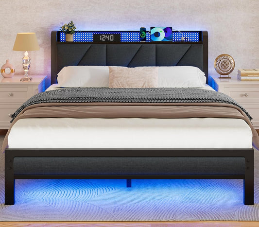 Full Size Bed with Headboard and Storage Shelf, LED Light and Charging Station, Metal Platform Bed with Heavy Duty Slats, No Box Spring Needed, Noise Free