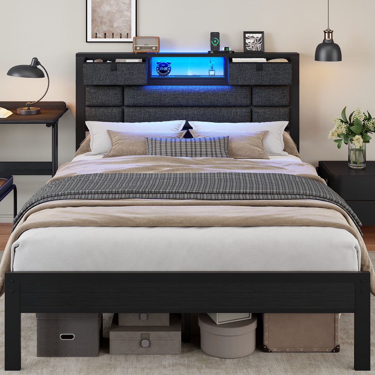 Queen Bed Frame with Storage Headboard, Black Platform Bedframe