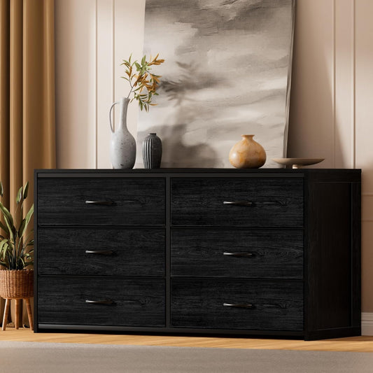 Black 6-Drawer Dresser & TV Stand - Multi-Functional Wooden & Fabric Storage for Bedroom to Living Room
