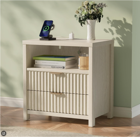 Night Stand with Charging Station, 24" Modern Fluted Nightstand with 2 Drawers and Open Shelf, Wood Bedside Table with Outlet, Night Table for Bedroom, Light Natural Oak