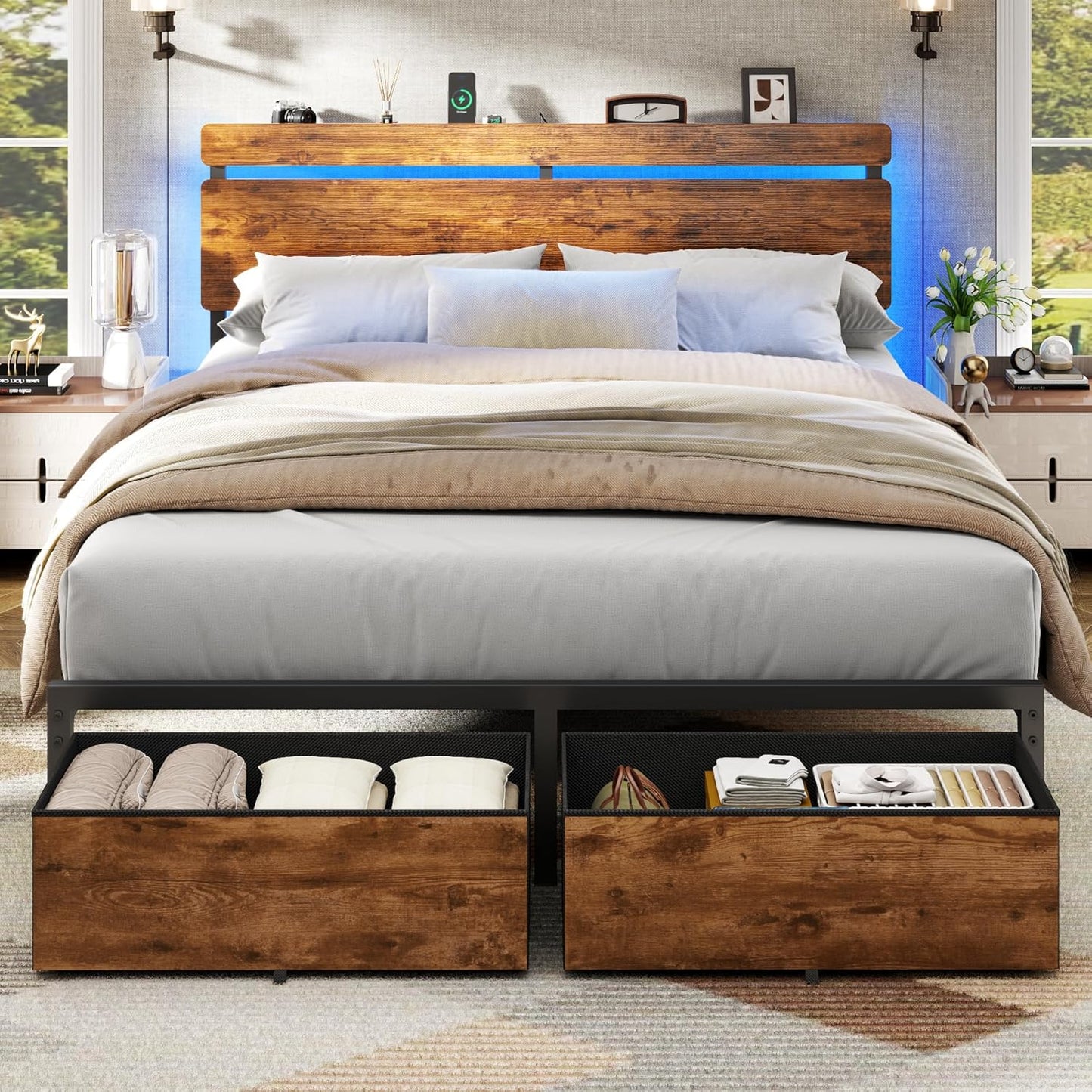 Queen Bed Frame with 2 Storage Drawers, Wood Headboard with LED Lights & Charging Station, Metal Platform Bed Frame, No Box Spring Needed, Noise Free, Vintage Brown