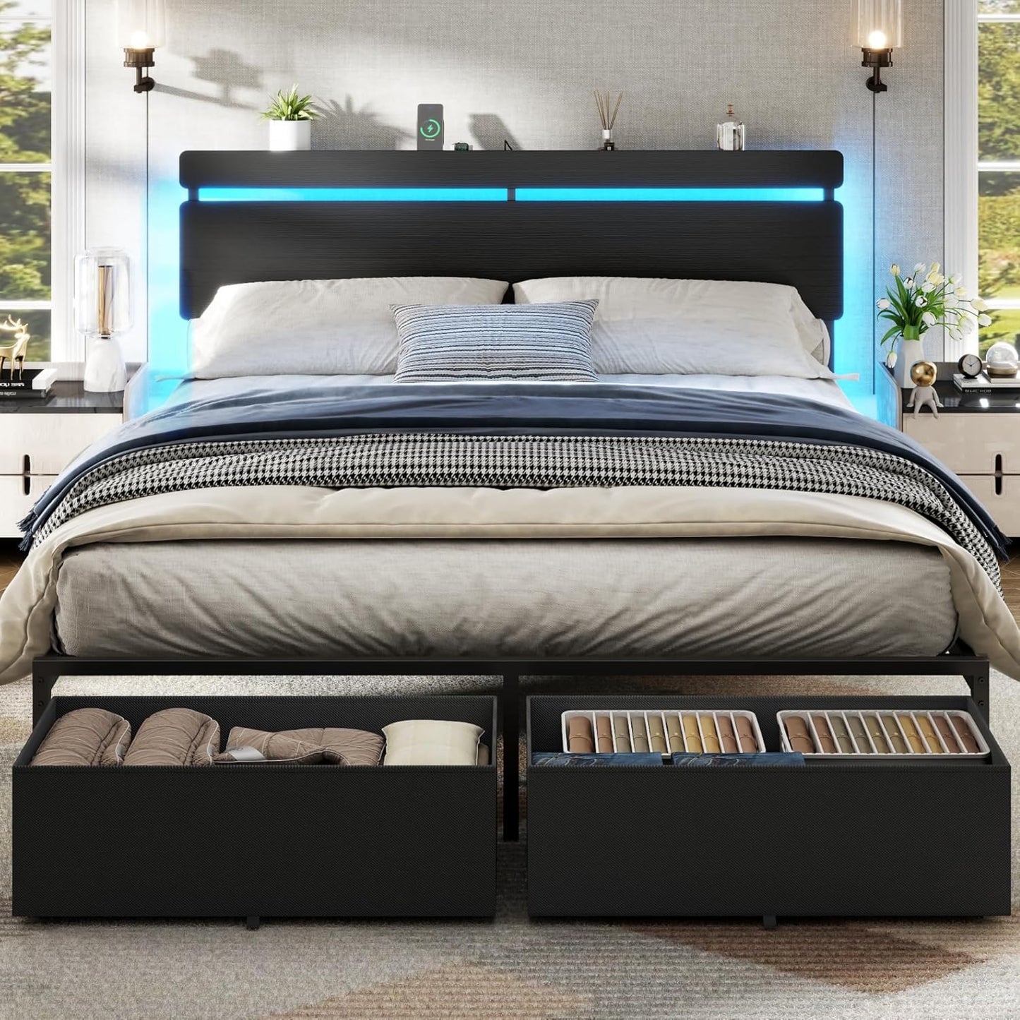Queen Bed Frame with 2 Storage Drawers, Wood Headboard with LED Lights & Charging Station, Metal Platform Bed Frame, No Box Spring Needed, Noise Free, Black
