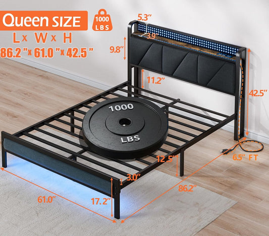 Queen Bed Frame with Headboard and Storage Shelf, LED Light and Charging Station, Metal Platform Bed with Heavy Duty Slats, No Box Spring Needed, Noise Free