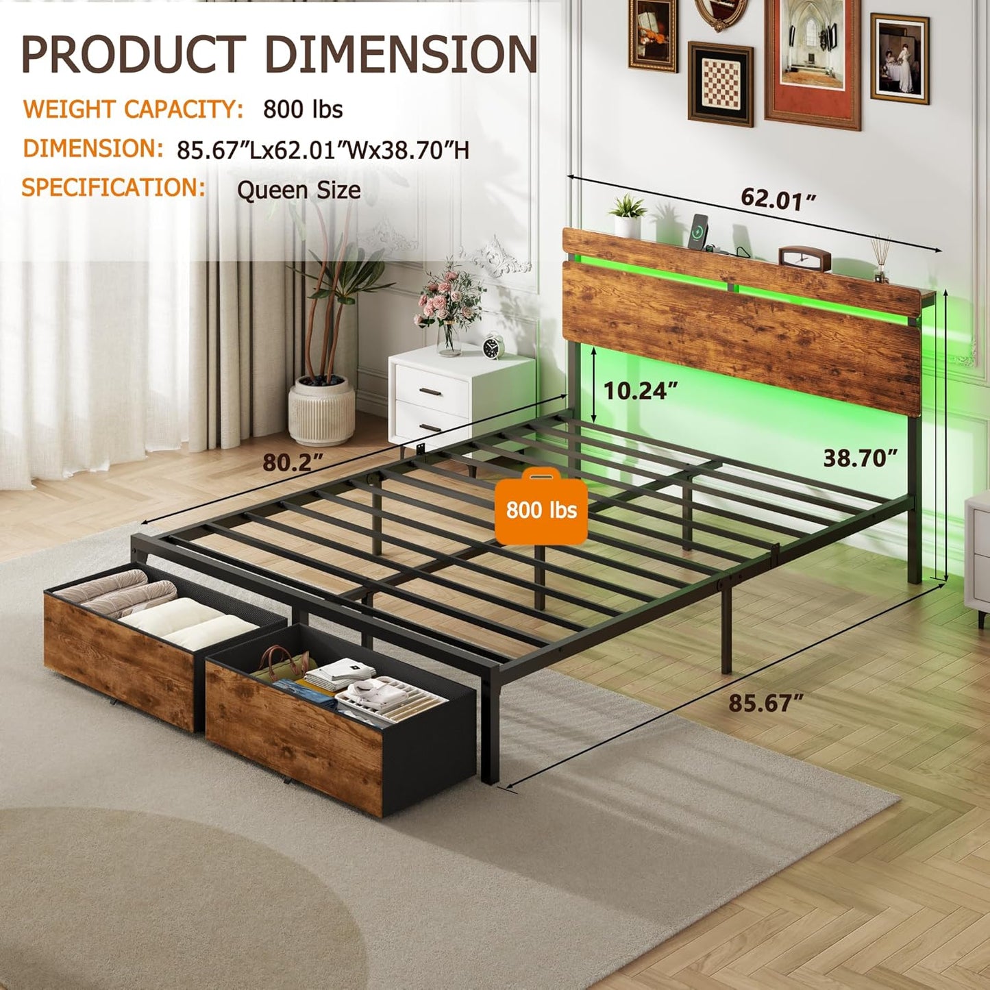 Queen Bed Frame with 2 Storage Drawers, Wood Headboard with LED Lights & Charging Station, Metal Platform Bed Frame, No Box Spring Needed, Noise Free, Vintage Brown