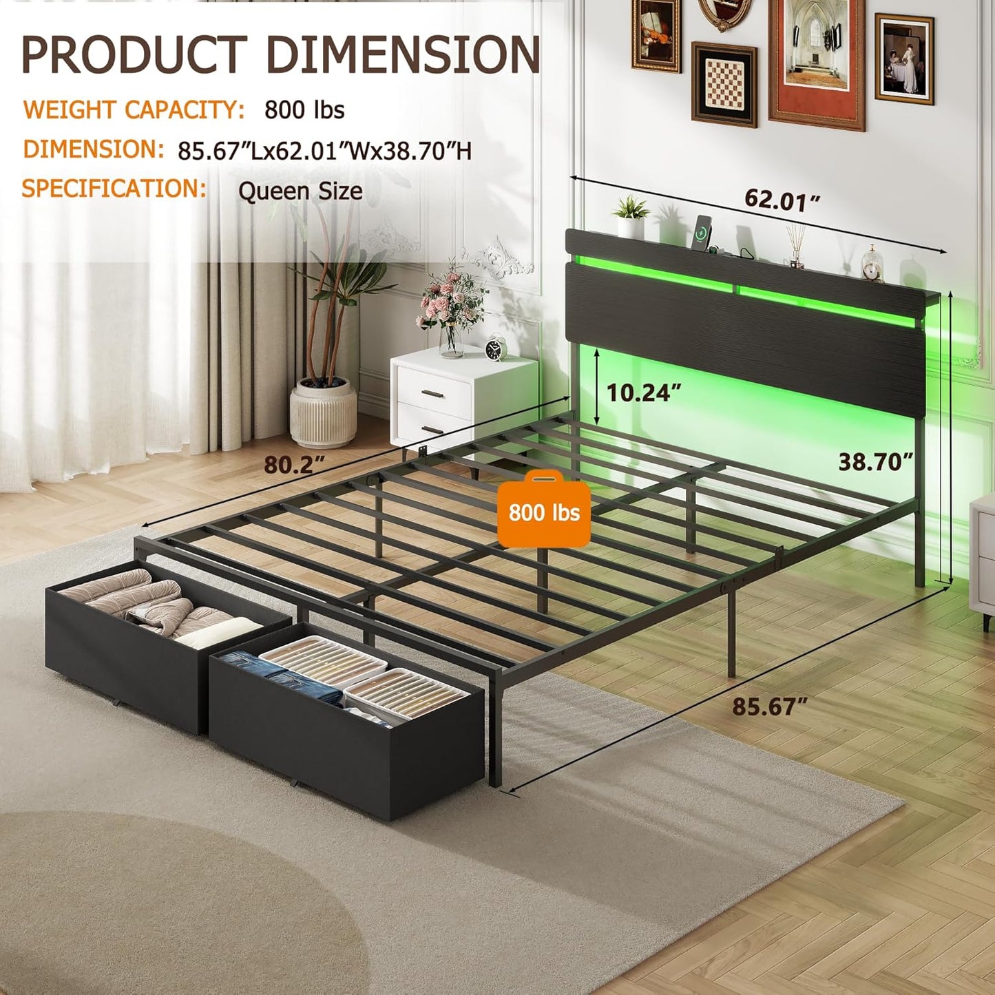 Queen Bed Frame with 2 Storage Drawers, Wood Headboard with LED Lights & Charging Station, Metal Platform Bed Frame, No Box Spring Needed, Noise Free, Black
