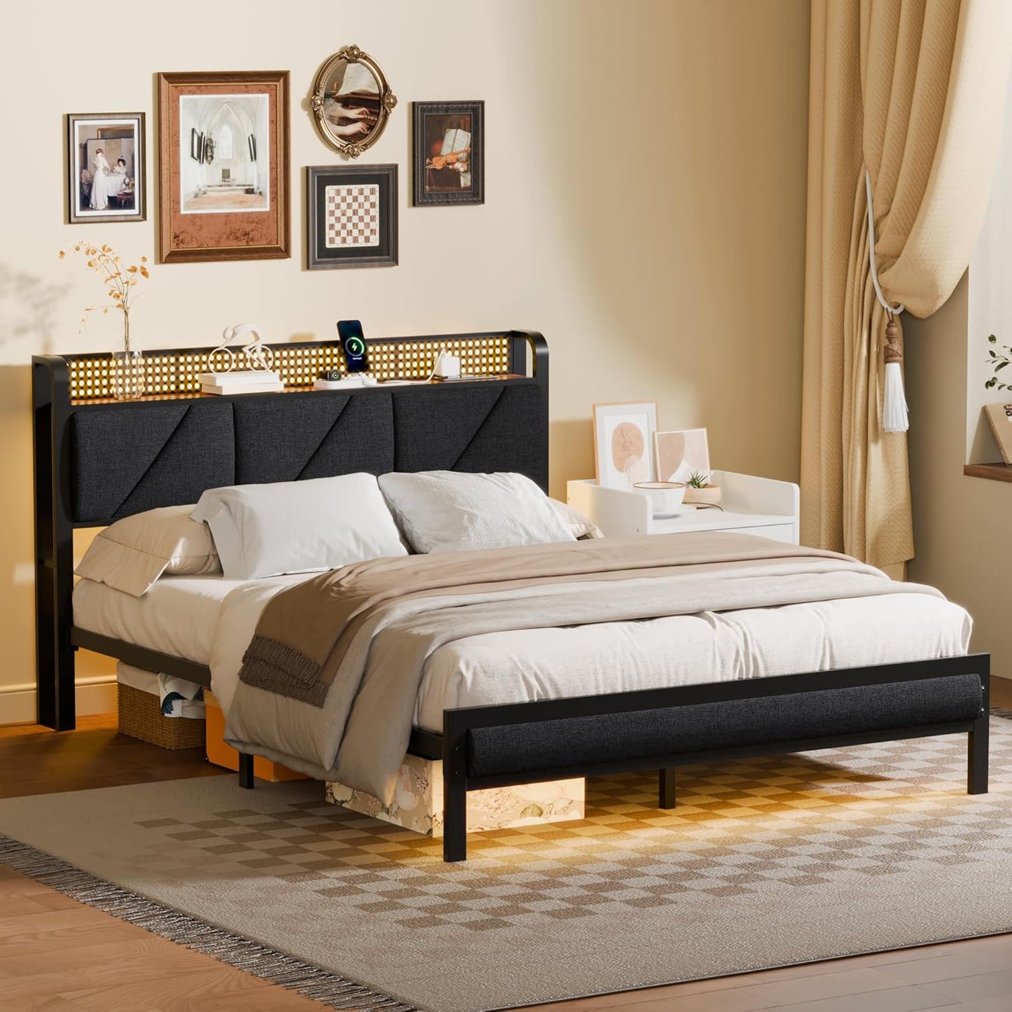 Queen Bed Frame with Headboard and Storage Shelf, LED Light and Charging Station, Metal Platform Bed with Heavy Duty Slats, No Box Spring Needed, Noise Free