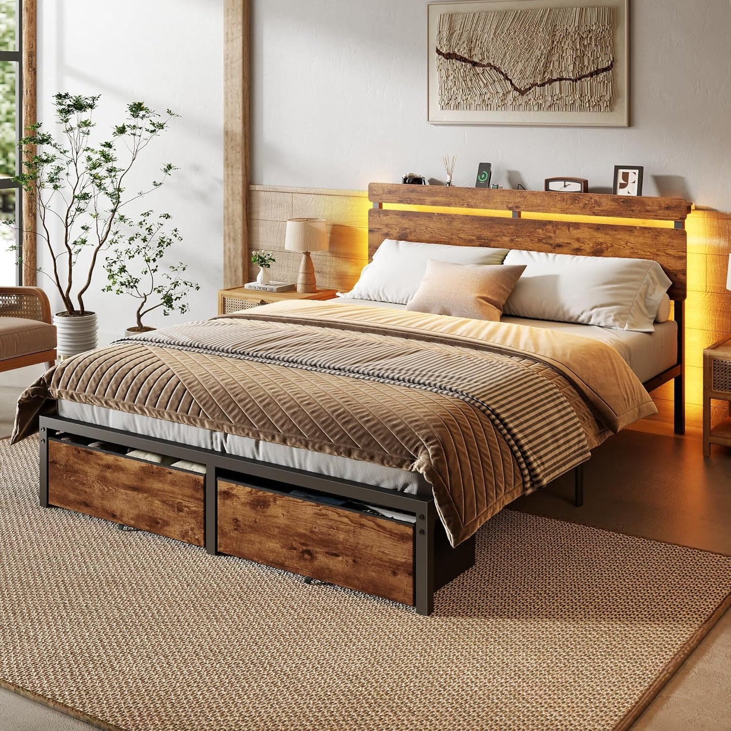 Queen Bed Frame with 2 Storage Drawers, Wood Headboard with LED Lights & Charging Station, Metal Platform Bed Frame, No Box Spring Needed, Noise Free, Vintage Brown