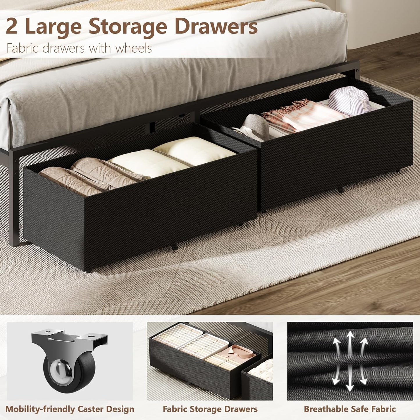 Queen Bed Frame with 2 Storage Drawers, Wood Headboard with LED Lights & Charging Station, Metal Platform Bed Frame, No Box Spring Needed, Noise Free, Black