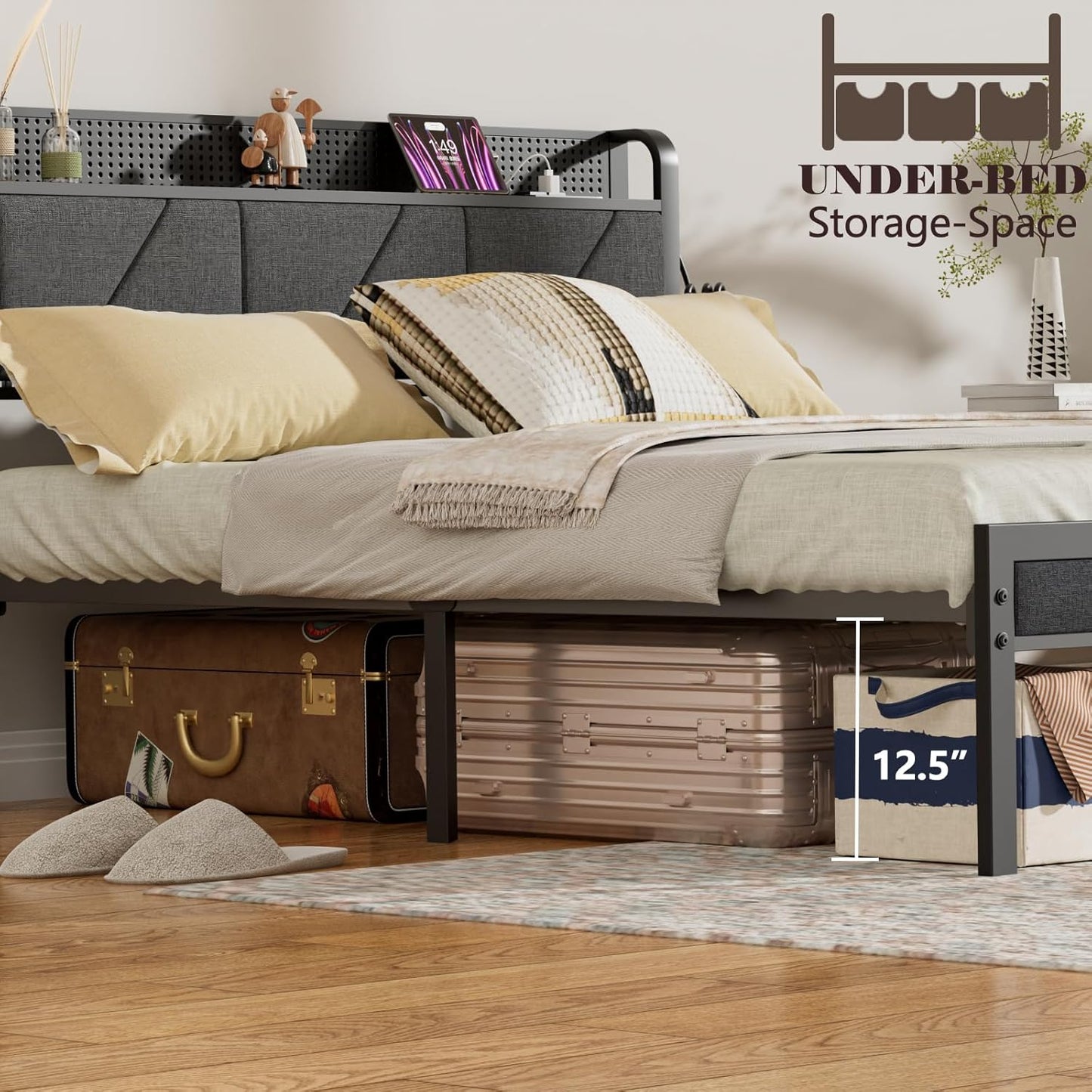 Queen Bed Frame with Headboard and Storage Shelf, LED Light and Charging Station, Metal Platform Bed with Heavy Duty Slats, No Box Spring Needed, Noise Free