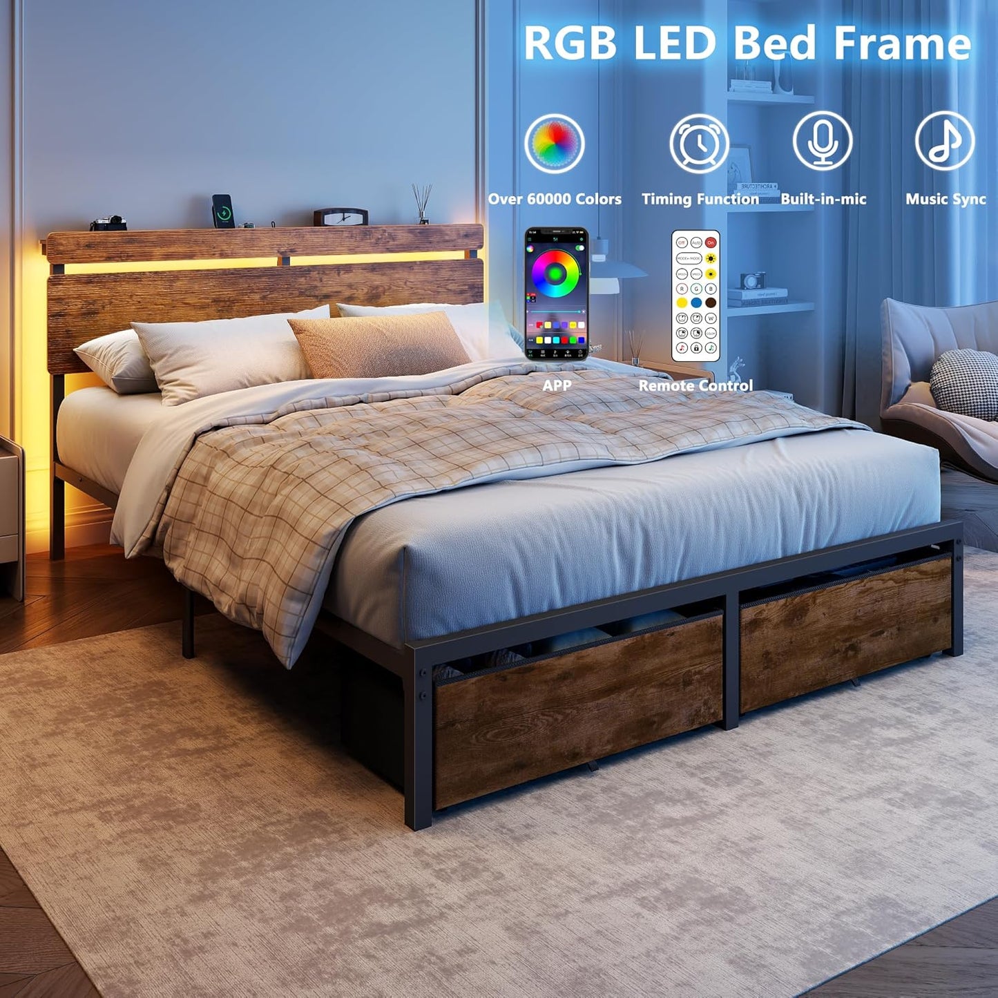 Queen Bed Frame with 2 Storage Drawers, Wood Headboard with LED Lights & Charging Station, Metal Platform Bed Frame, No Box Spring Needed, Noise Free, Vintage Brown