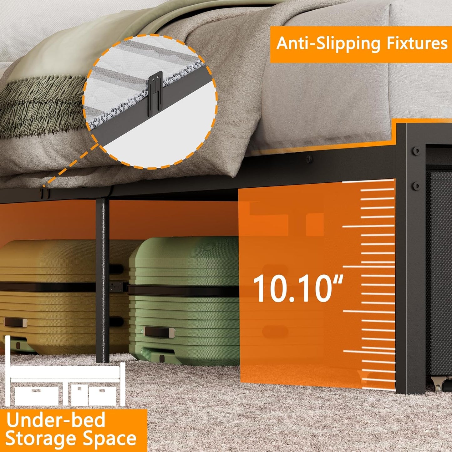 Queen Bed Frame with 2 Storage Drawers, Wood Headboard with LED Lights & Charging Station, Metal Platform Bed Frame, No Box Spring Needed, Noise Free, Black