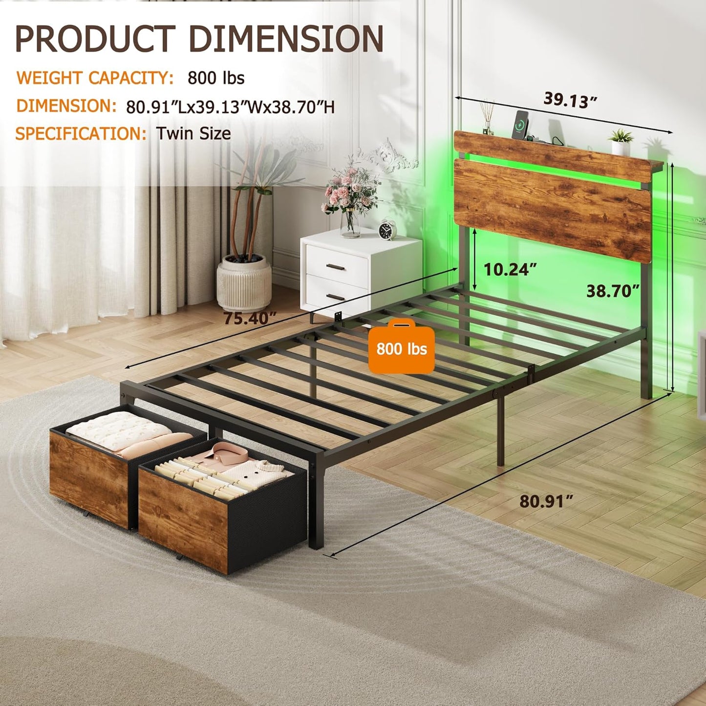 Twin Bed Frames with 2 Storage Drawers, Wood Headboard with LED Lights & Charging Station, Metal Platform Bed Frame, No Box Spring Needed, Noise Free, Vintage Brown