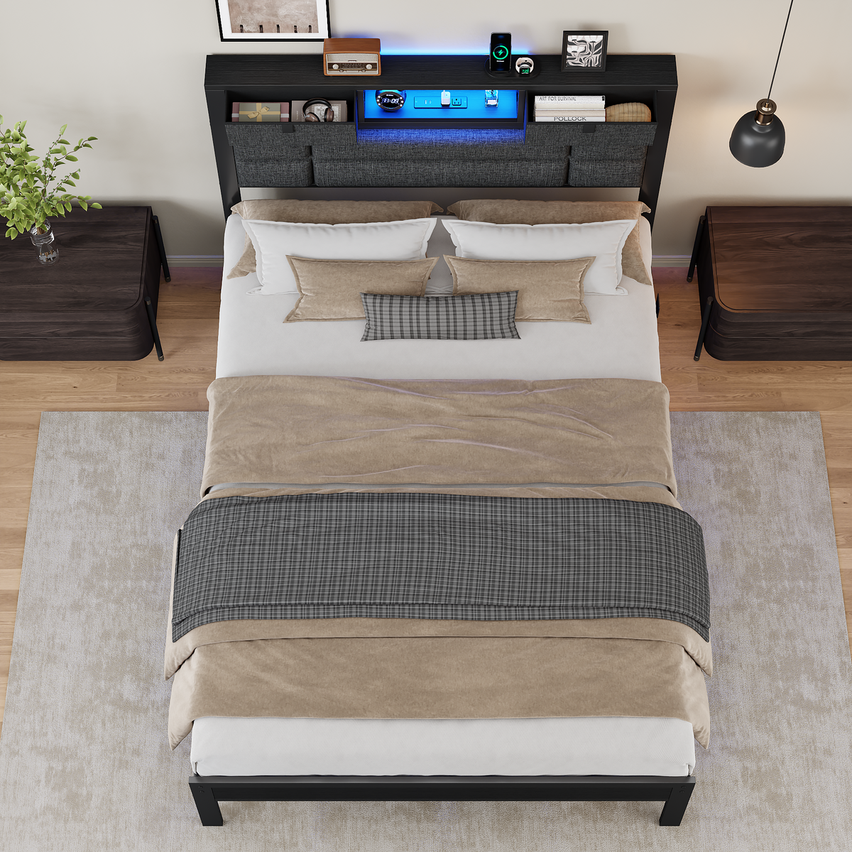 Full Size Bed Frame with Storage Headboard, Black Platform Bedframe