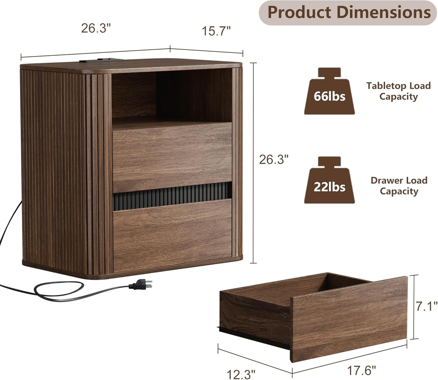 OURPIC Night Stand with Charging Station, Wood Bedside Table with 2 Drawers and Open Shelf, Walnut Nightstand and Rounded Tabletop for Bedroom,Entryway