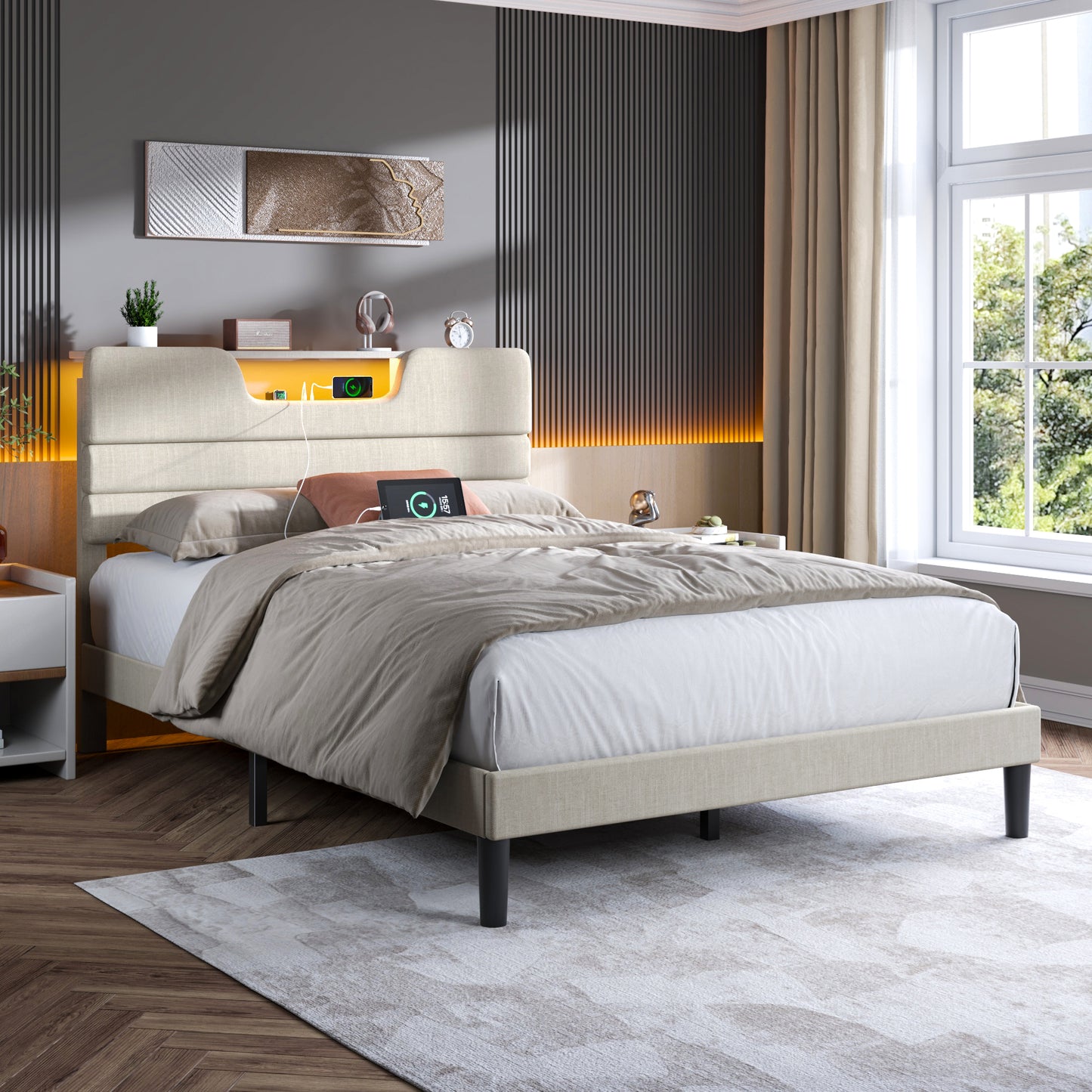 Bed Frame with LED Lights, Headboard with Charging Station and USB Port