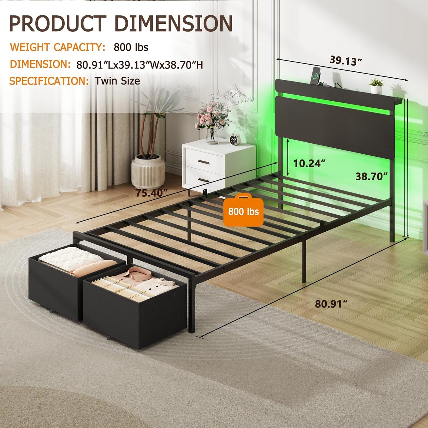 Twin Bed Frames with 2 Storage Drawers, Wood Headboard with LED Lights & Charging Station, Metal Platform Bed Frame, No Box Spring Needed, Noise Free, Black