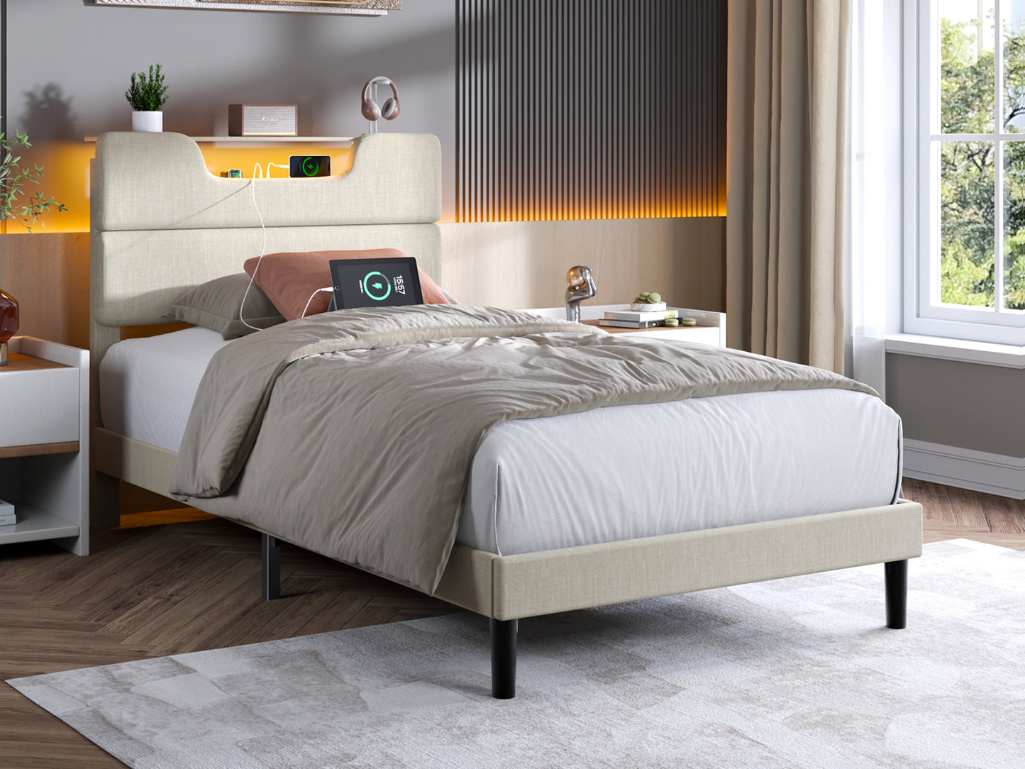 Bed Frame with LED Lights, Headboard with Charging Station and USB Port