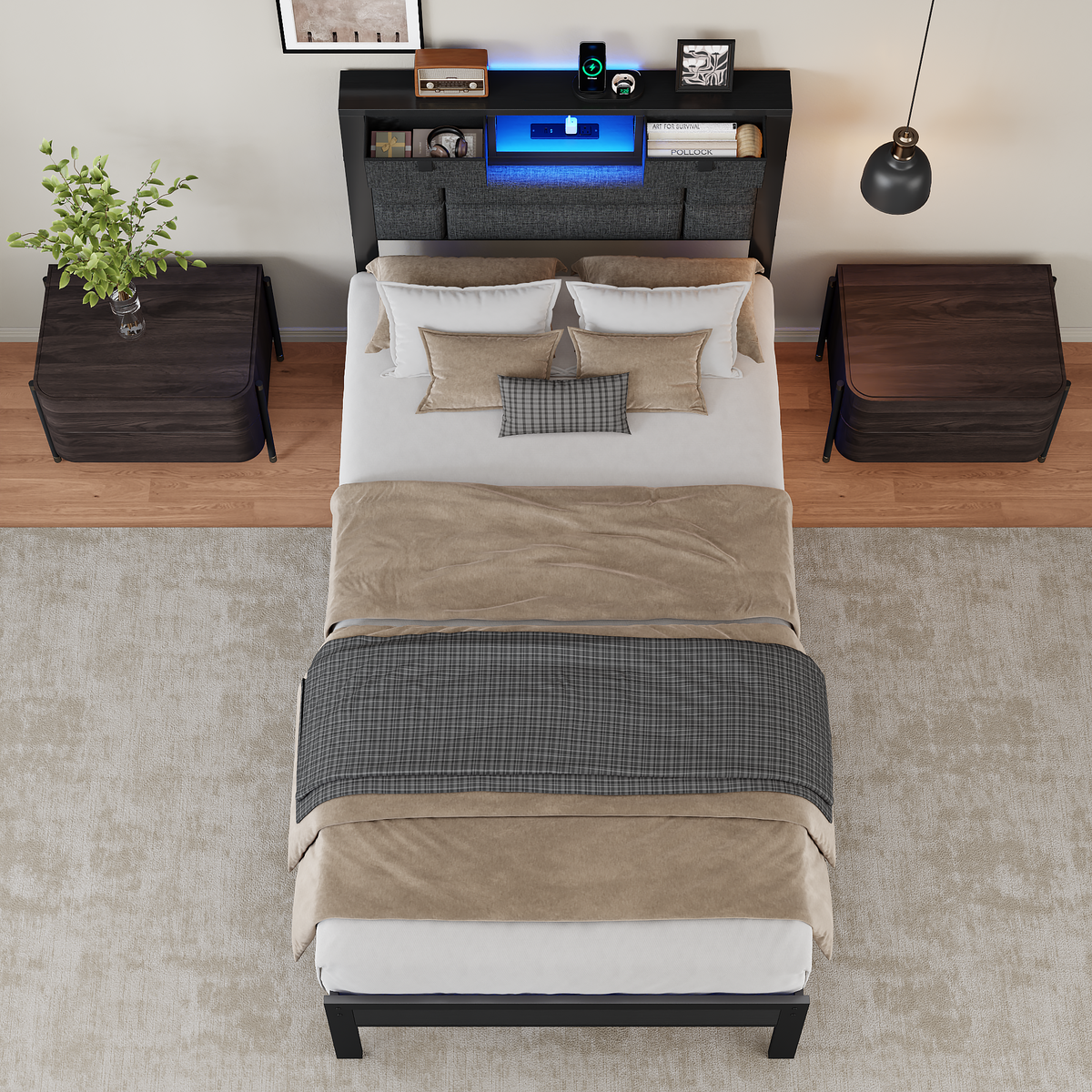 Twin Bed Frame with Storage Headboard, Black Platform Bedframe
