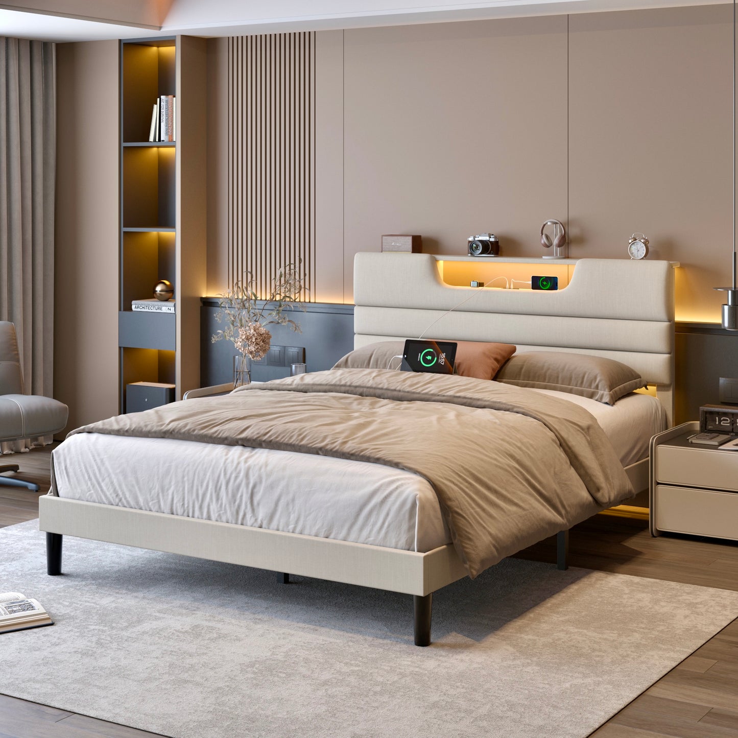 Queen Bed Frame with Adjustable Headboard, Upholstered Platform Bed with Charging Station and Led Lights, Sturdy Wooden Slats, No Box Spring Needed, 2-Tier Storage, Easy Assembly, Beige