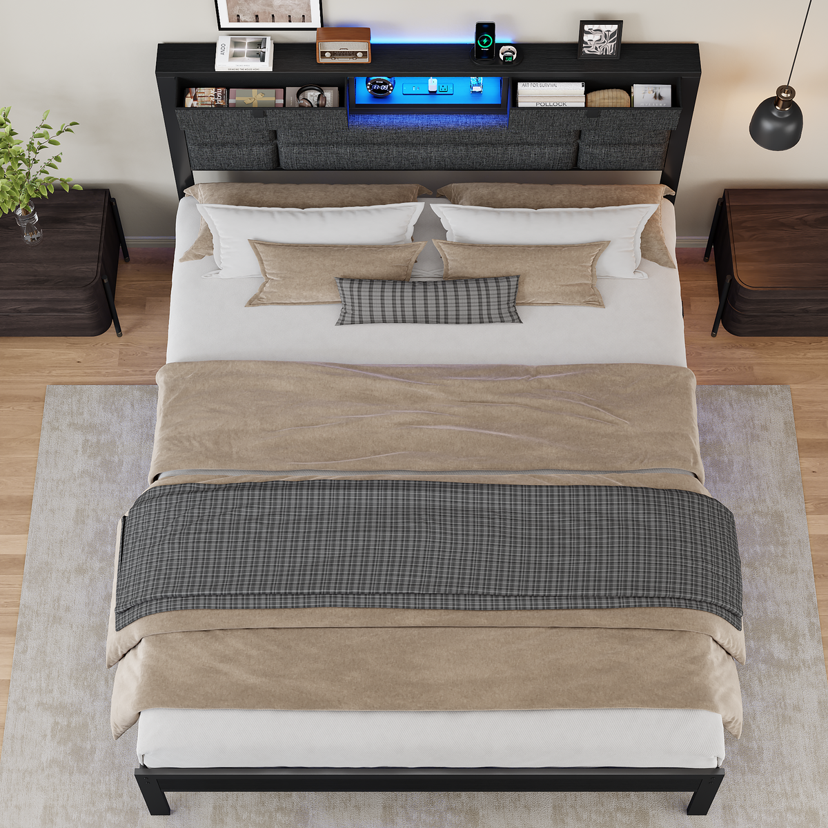 Queen Bed Frame with Storage Headboard, Black Platform Bedframe
