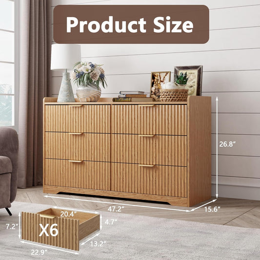 OURPIC 6 Drawers Dresser for Bedroom, Modern Fluted Chest of Drawers with TV Stand Function, 47" Wide Natural Oak Wooden Organizer for Small Spaces, Sturdy Base