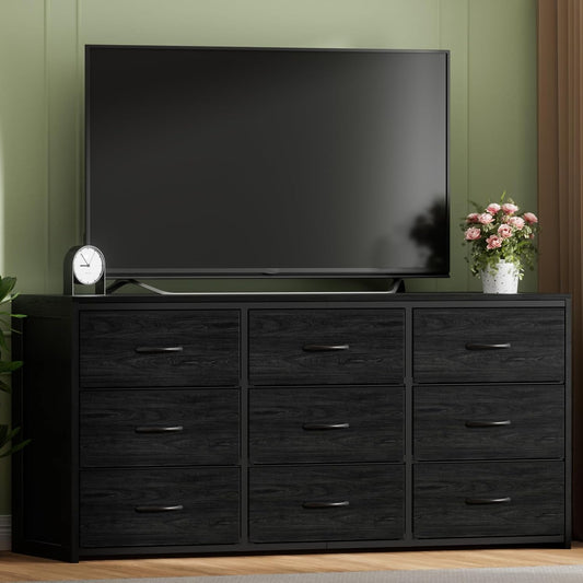 Black 9-Drawer Dresser & 65" TV Stand - 15.75" Deep Fabric Storage with Wooden Top for Bedroom to Hallway