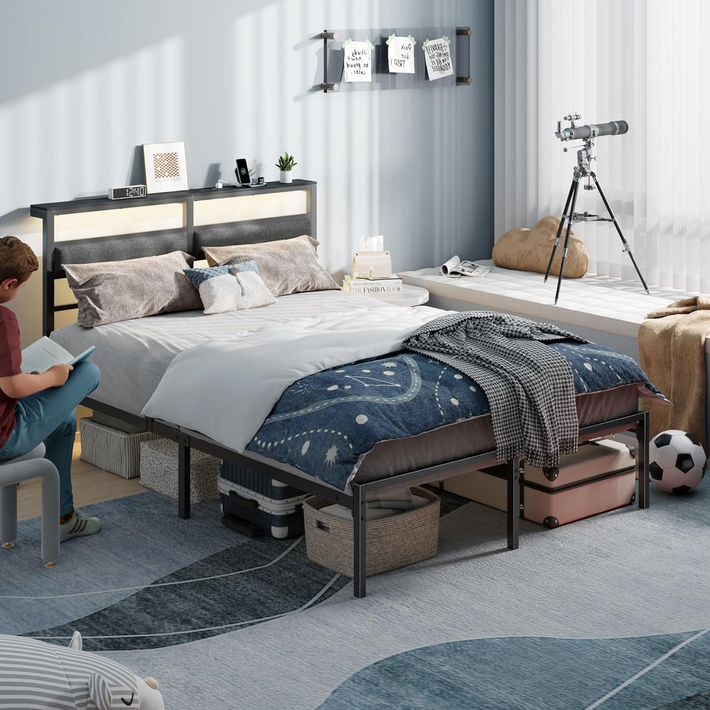 Full Size Bed Frame with Headboard, Bed Frame Full Size with LED Light and Charging Station, Black Double Metal Bedframe and Storage Shelf, No Box Spring Needed, Noise Free