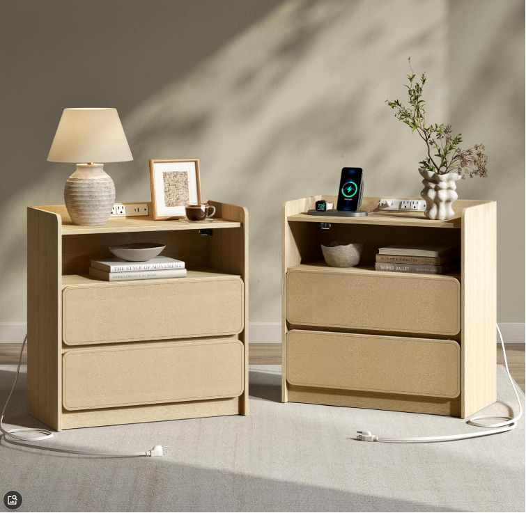 Nightstands Set of 2 with Charging Station, 24" Wide Night Stand with 2 Leather-Faced Drawers, Wood Bedside Table with Storage Open Shelf, Modern Night Table for Bedroom, Natural Oak