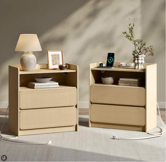 Nightstands Set of 2 with Charging Station, 24" Wide Night Stand with 2 Leather-Faced Drawers, Wood Bedside Table with Storage Open Shelf, Modern Night Table for Bedroom, Natural Oak