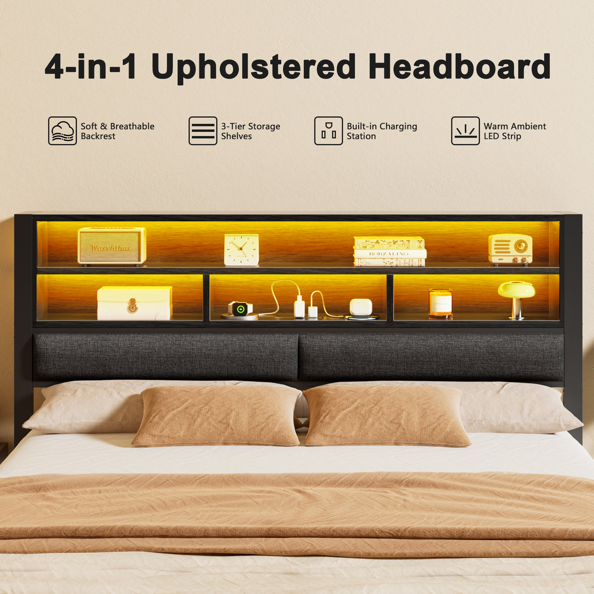 OURPIC Full Bed Frame with Upholstered Headboard & LED , Black Metal Integrated Bookshelf Headboard, Charging Ports, Upholstered Backrest, Under-Bed Storage, No Box Spring Needed