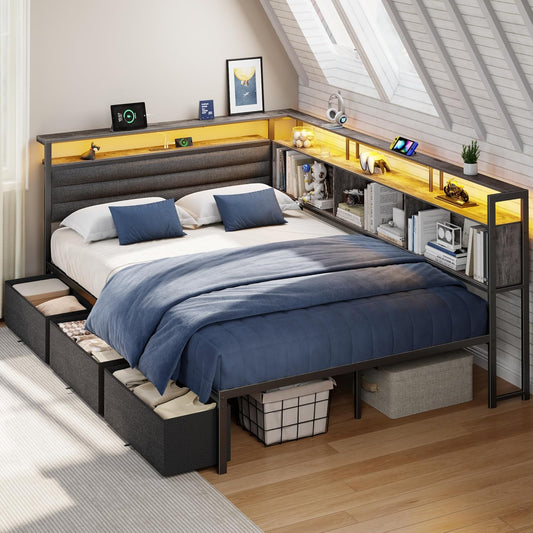 Full Size Bed Frame with Headboard and Storage Drawers, Full Metal Platform Corner Bed Frame with Charging Station and LED Lights, Heavy Duty Strong Support Slats and Easy to Assemble, Gray