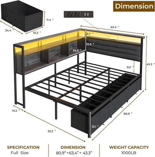 Full Size Bed Frame with Headboard and Storage Drawers, Full Metal Platform Corner Bed Frame with Charging Station and LED Lights, Heavy Duty Strong Support Slats and Easy to Assemble, Gray