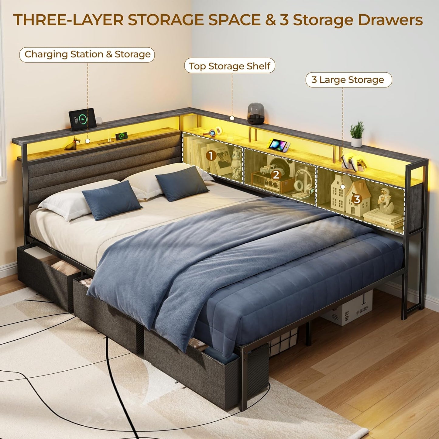 Full Size Bed Frame with Headboard and Storage Drawers, Full Metal Platform Corner Bed Frame with Charging Station and LED Lights, Heavy Duty Strong Support Slats and Easy to Assemble, Gray