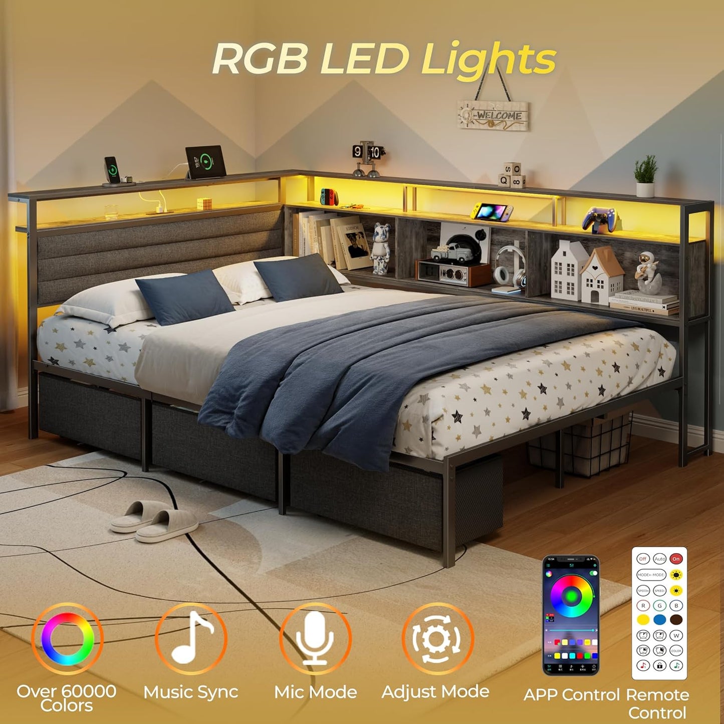 Full Size Bed Frame with Headboard and Storage Drawers, Full Metal Platform Corner Bed Frame with Charging Station and LED Lights, Heavy Duty Strong Support Slats and Easy to Assemble, Gray
