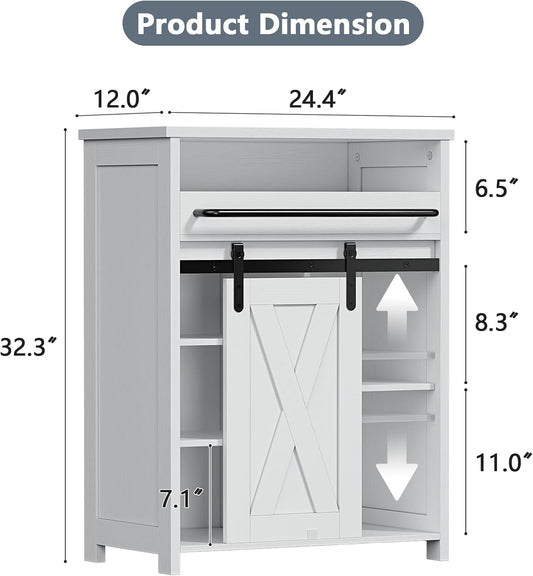White Farmhouse Sliding Door Cabinet with Tray Drawer | Bathroom, Kitchen & Living Room Storage