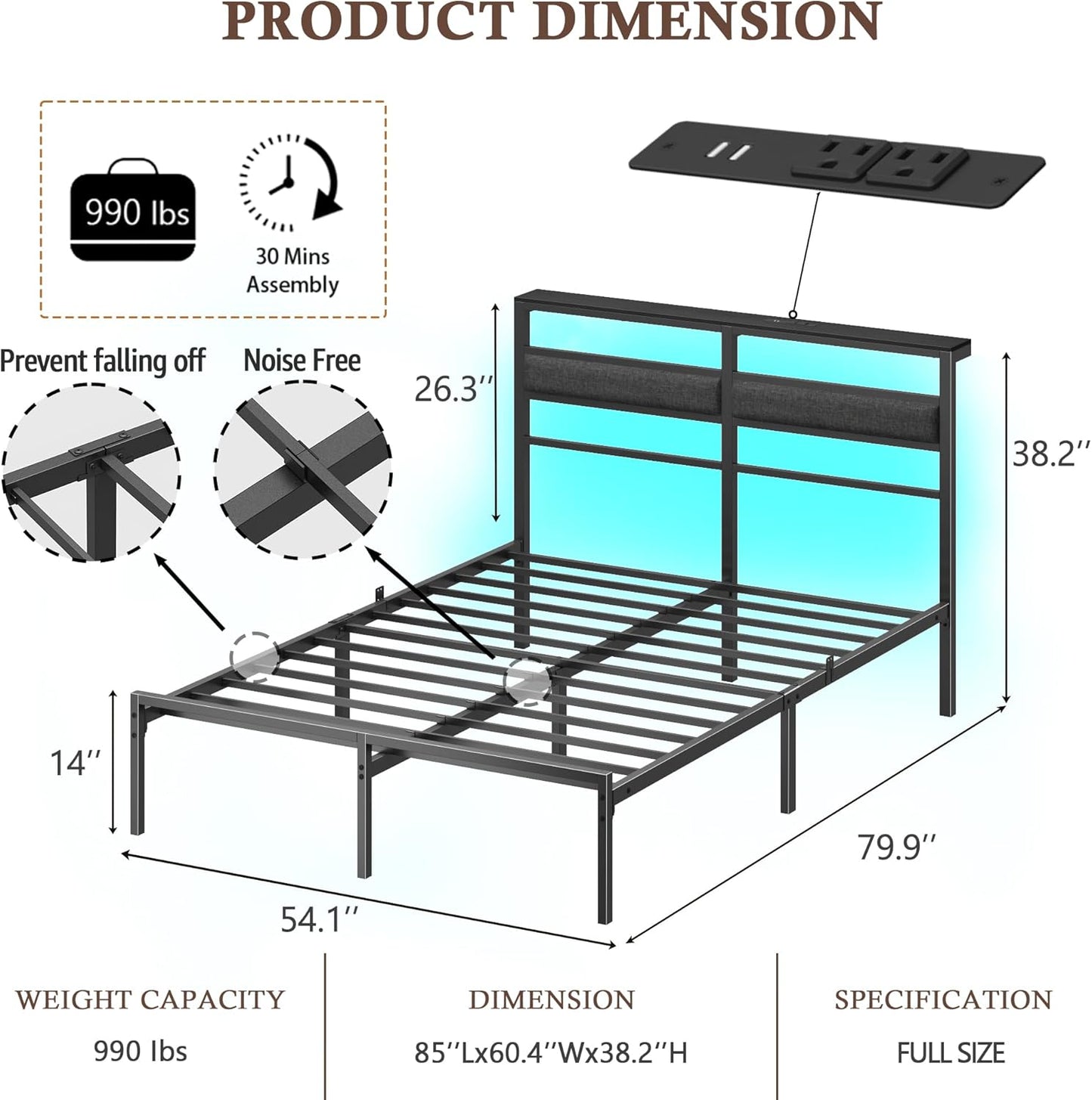 Full Size Bed Frame with Headboard, Bed Frame Full Size with LED Light and Charging Station, Black Double Metal Bedframe and Storage Shelf, No Box Spring Needed, Noise Free