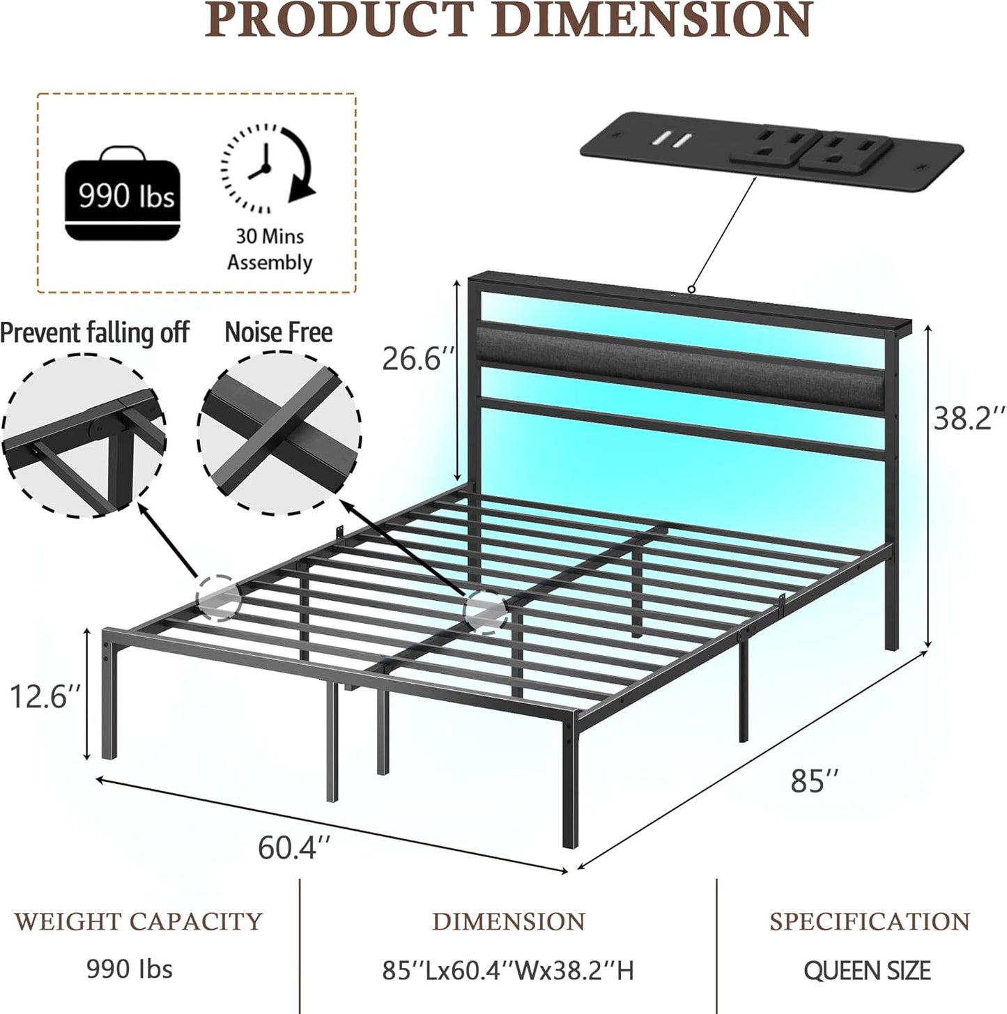 Queen Bed Frame with Led Lights and Charging Station, Bed Queen Size Frame with Headboard and Under Bed Storage, Black Metal Platform Bedframe and Storage Shelf, Easy Install