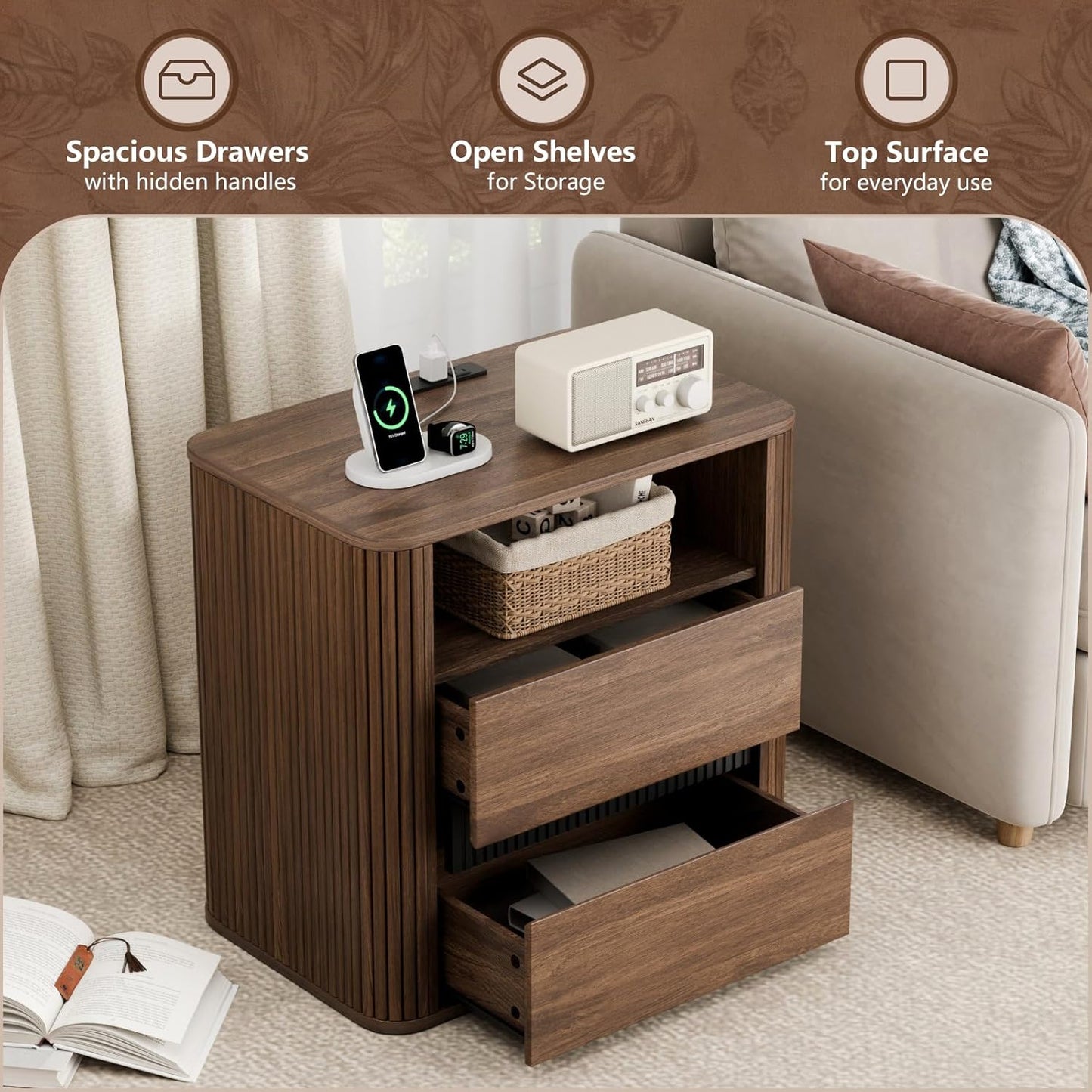 OURPIC Night Stand with Charging Station, Wood Bedside Table with 2 Drawers and Open Shelf, Walnut Nightstand and Rounded Tabletop for Bedroom,Entryway