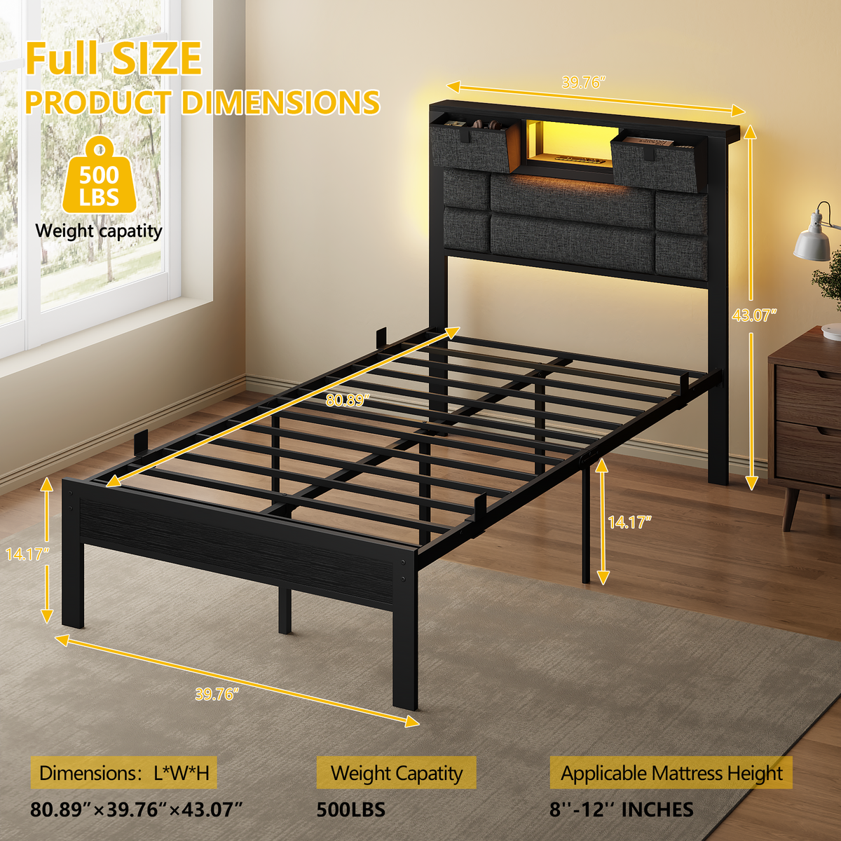 Twin Bed Frame with Storage Headboard, Black Platform Bedframe