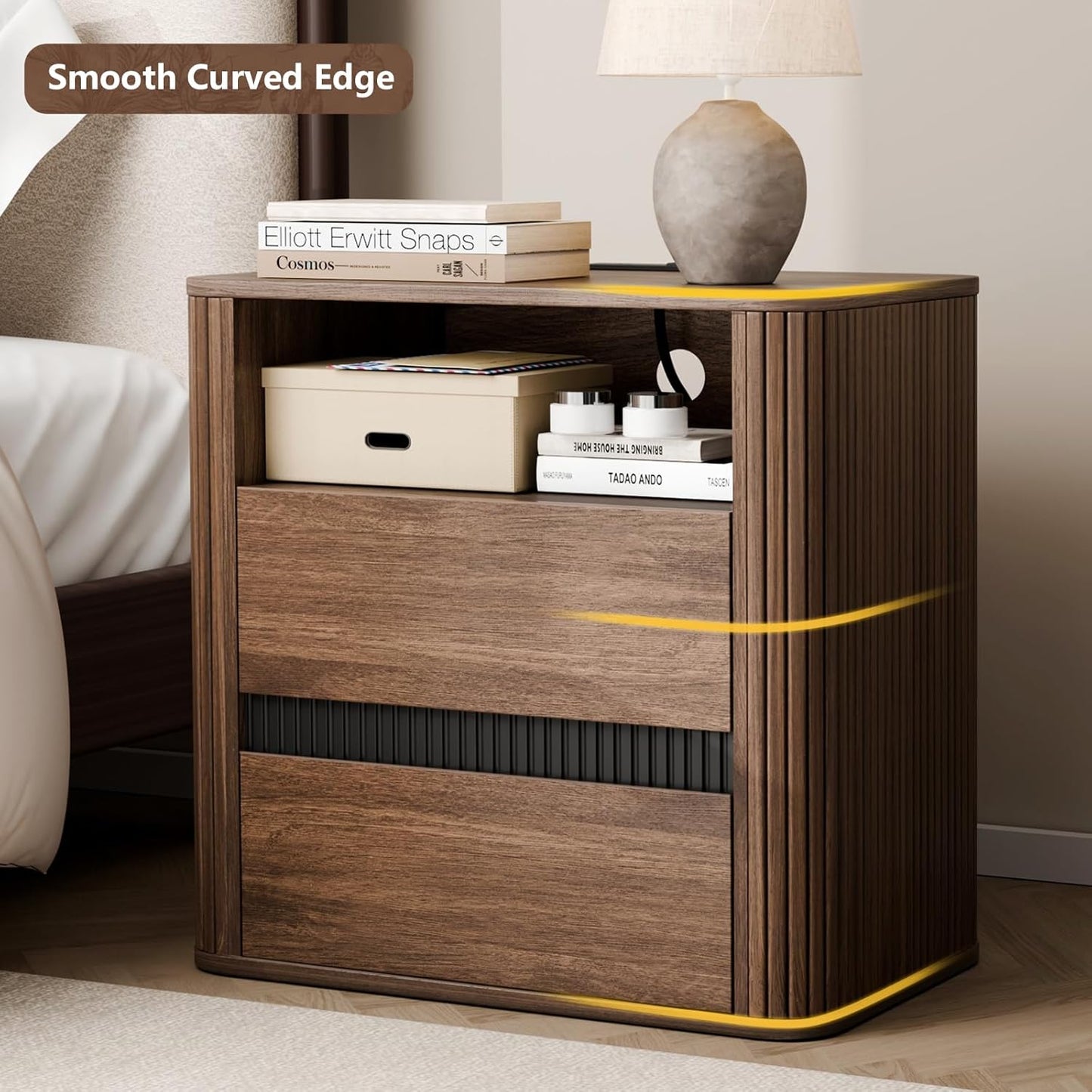 Night Stand with Charging Station, Wood Bedside Table with Drawers and Open Shelf, Walnut Nightstand and Rounded Tabletop for Bedroom,Entryway