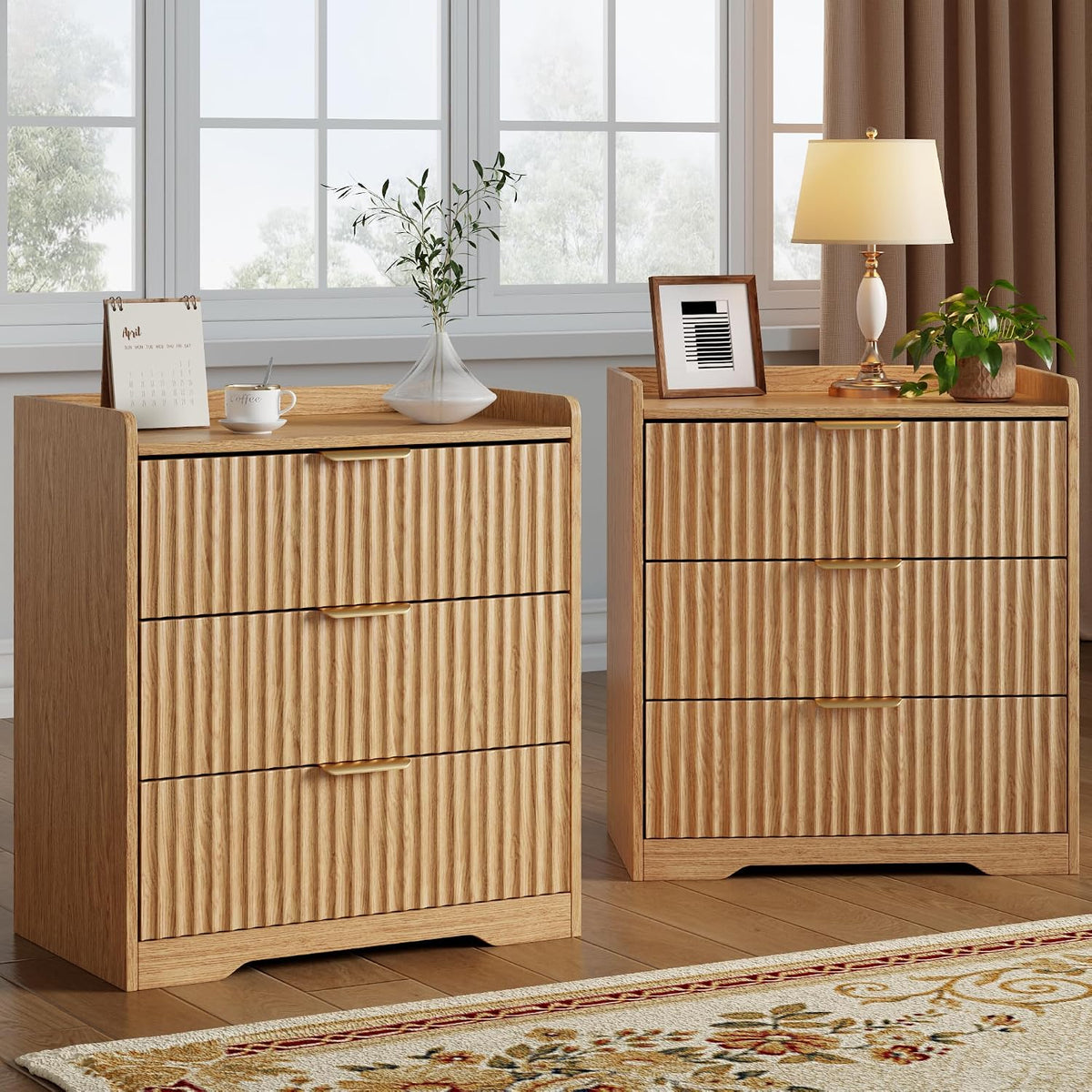 Fluted 3 Drawer Bedroom Dressers Set of 2, 24"W x 26"H, Natural Oak | Wooden chests of drawers with metal handles, smooth-gliding drawers, anti-drop panels and anti-tip kits for living room